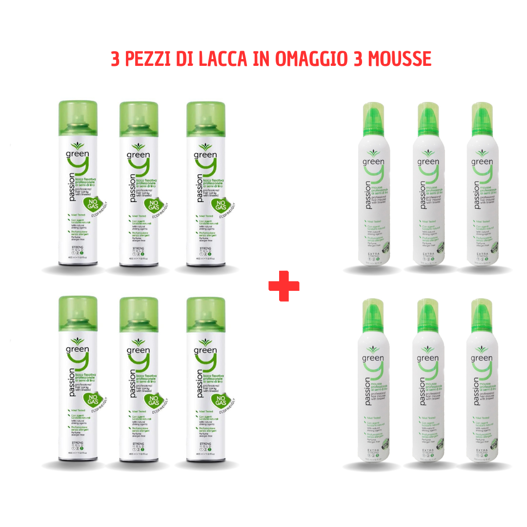 ENERGY GREEN KIT 6 PEZZI DI LACCA ECOLOGICA NO GAS IN OMAGGIO 6 PEZZI DI MOUSSE