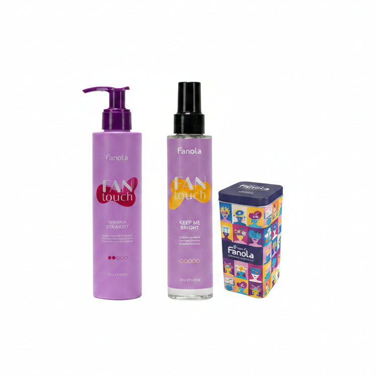 FANOLA KIT WANNA STRAINGHT 195ML+ KEEP ME BRIGHT 100ML + OMAGGIO LATTA