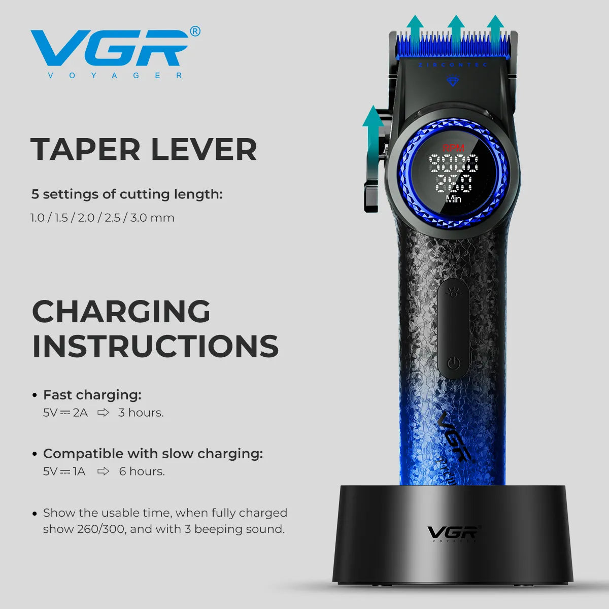 VGR V-001 Blue Hair Clipper - Professional Look