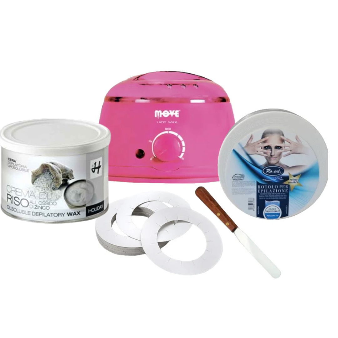 KIT SCALDACERA MOVE PINK + CERA CREMA DI RISO 400ML + SPATOLA + ROTOLO EPILAZIONE + SALVABORDO