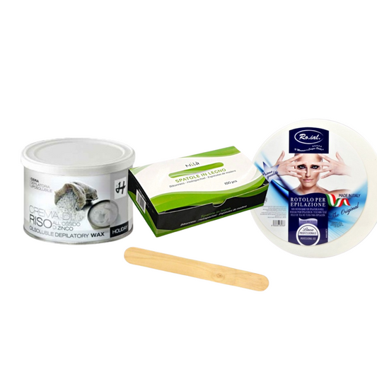 KIT DEPILATORIO CERA CREMA DI RISO 400ML + ROTOLO EPILAZIONE + SPATOLE STENDI CERA 100PZ