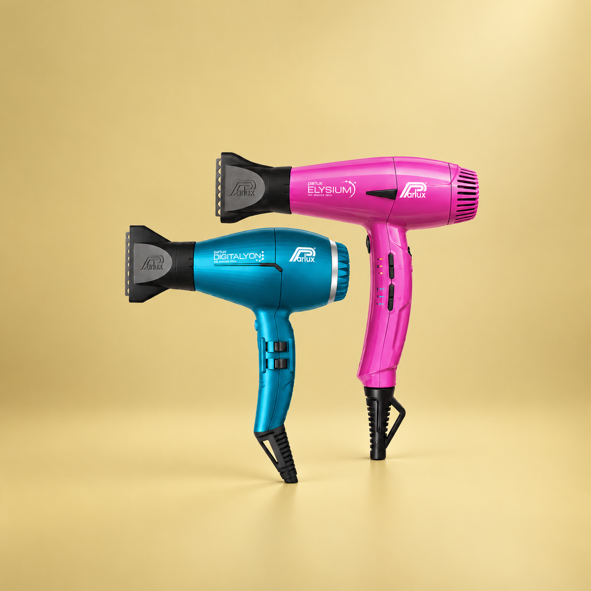 Asciugacapelli professionali Parlux azzurro e fucsia su sfondo dorato