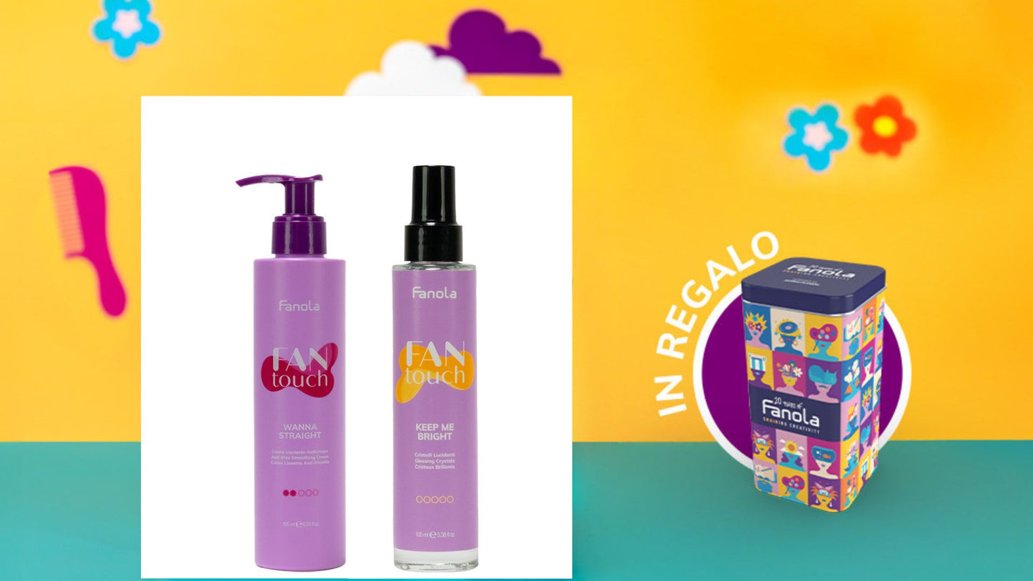 FANOLA KIT WANNA STRAINGHT 195ML+ KEEP ME BRIGHT 100ML + OMAGGIO LATTA