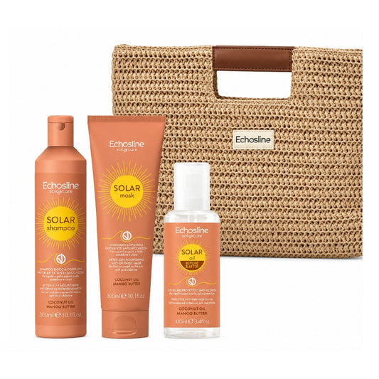 ECHOSLINE KIT SOLARE SHAMPOO 300ML+ MASCHERA 300ML + OLIO PROTETTIVO 100ML CON BORSA MARE OMAGGIO